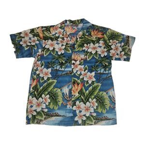 Boys Blue Hawaiian Shirt Size 10 Islands Floral Vintage Tropical Beach Luau